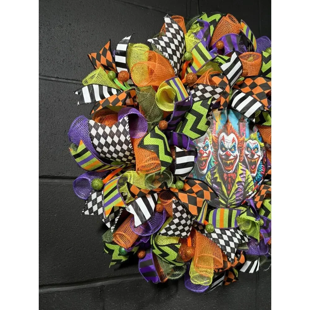 Scary Halloween Wreath Creepy Killer Clowns Handmade XL 24 Inch Deco Mesh